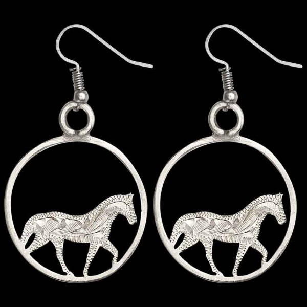 "The perfect set of earrings for our Equestrian Enthusiasts! The Marigold Earrings feature a beautiful horse sillhouette with hand engraved German Sivler details. 1.2"" x 1.2""

Browse more Western Jewelry by clicking Custom Bra